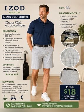 Izod Light Gray Plaid Flat-Front Men’s Shorts